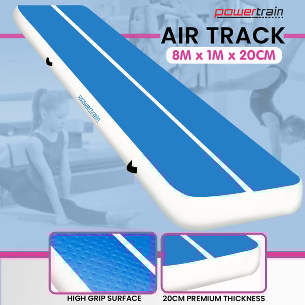 Powertrain 8m x 1m x 20cm Air Track Inflatable Tumbling Gymnastics Exercise Mat - Blue White
