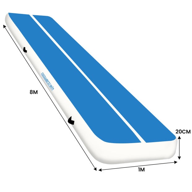 Powertrain 8m x 1m x 20cm Air Track Inflatable Tumbling Gymnastics Exercise Mat - Blue White Image 3