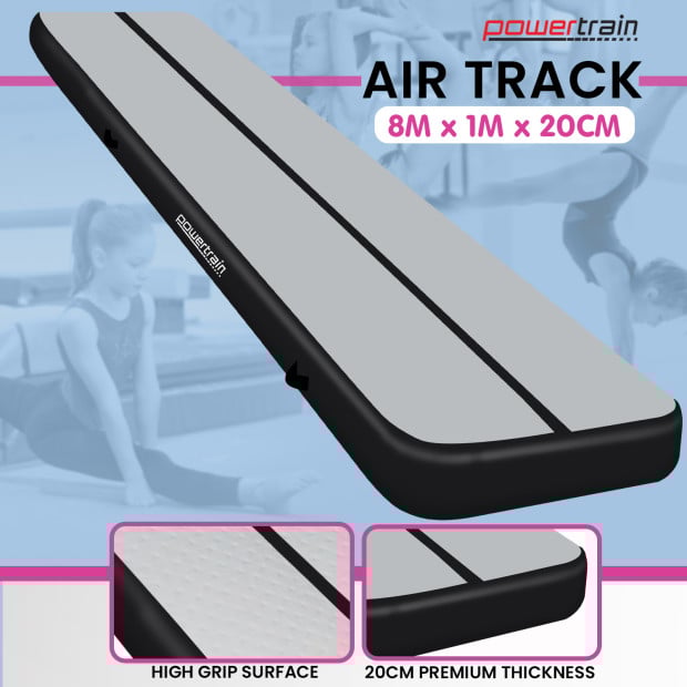 Powertrain 8m x 1m x 20cm Air Track Inflatable Tumbling Mat Exercise Gymnastics - Grey Black