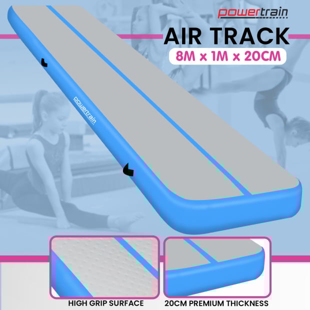 Powertrain 8m x 1m x 20cm Air Track Inflatable Gymnastics Mat Exercise Tumbling - Grey Blue