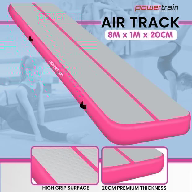 Powertrain 8m x 1m x 20cm Air Track Inflatable Gymnastics Mat Tumbling - Grey Pink