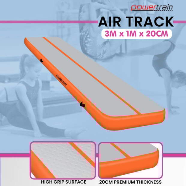 Powertrain 3m x 1m Air Track Inflatable Mat Gymnastics - Orange Grey
