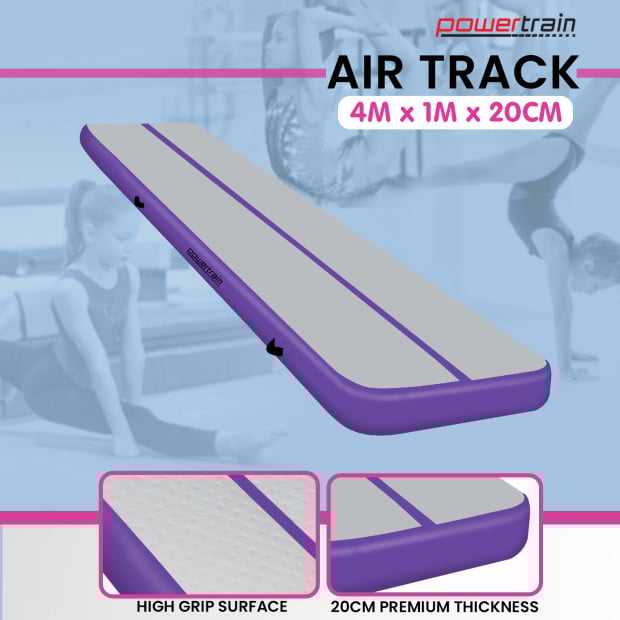 Powertrain 4m x 1m Air Track Inflatable Tumbling Mat Gymnastics - Purple Grey