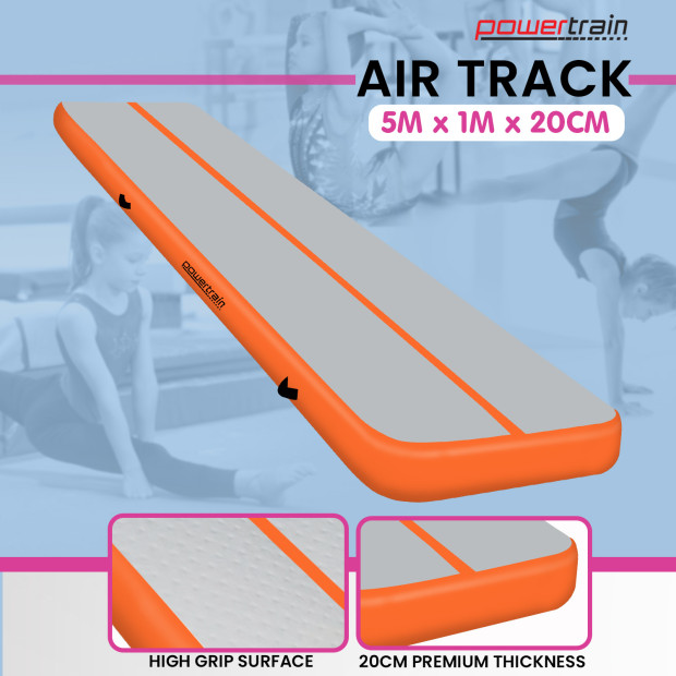 Powertrain 5m x 1m Air Track Inflatable Tumbling Mat Gymnastics - Orange Grey