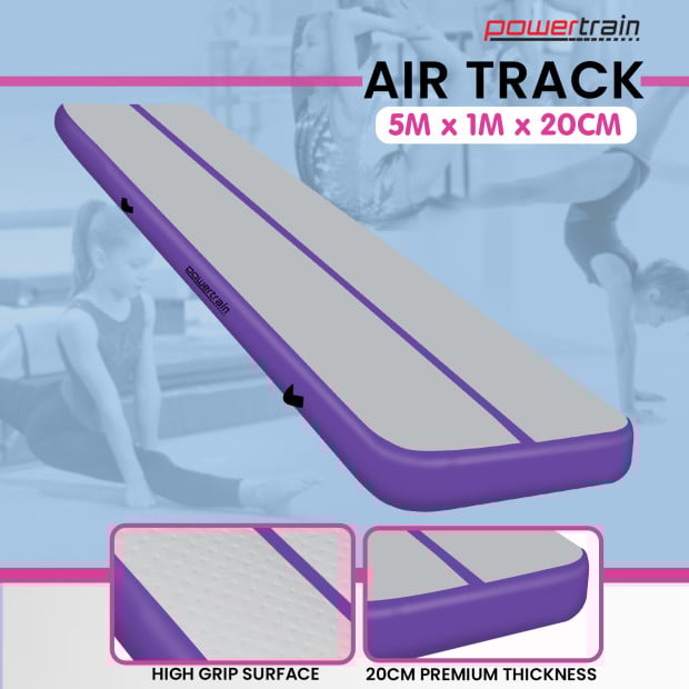 Powertrain 5m x 1m Air Track Inflatable Tumbling Mat Gymnastics - Purple Grey