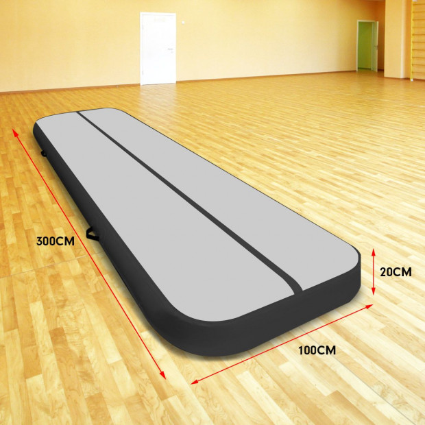 3m x 1m Air Track Inflatable Tumbling Mat Gymnastics Grey Black