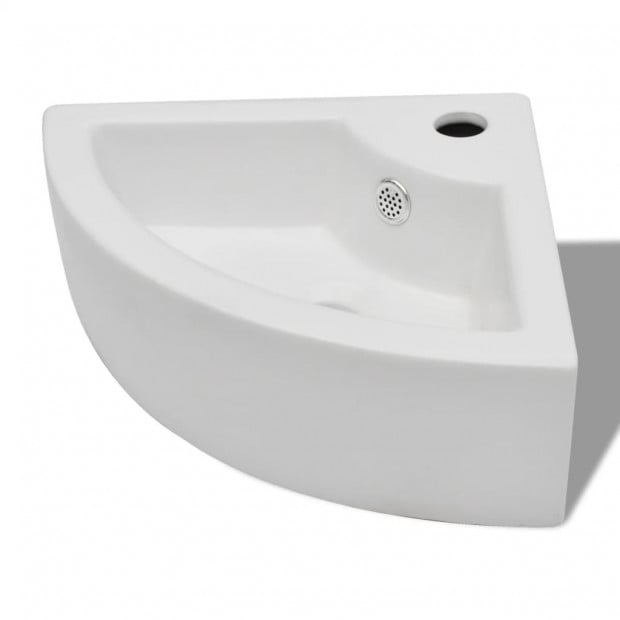 Ceramic Sink Basin Faucet & Overflow Hole Bathroom Corner White Image 2