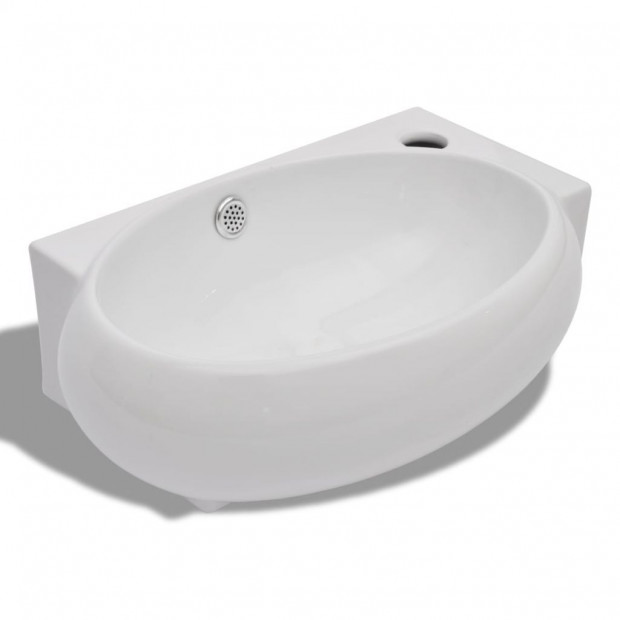 Ceramic Sink Basin Faucet & Overflow Hole Bathroom White Image 2