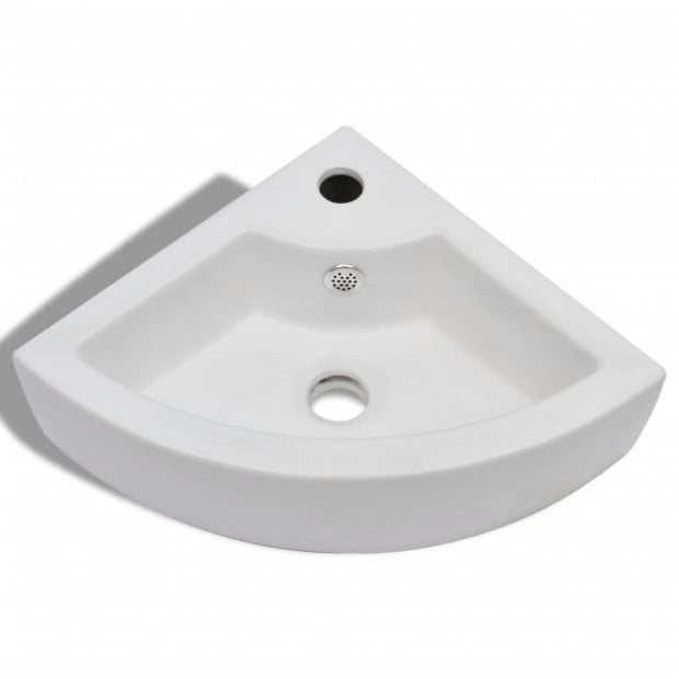 Ceramic Sink Basin Faucet & Overflow Hole Bathroom Corner White Image 3