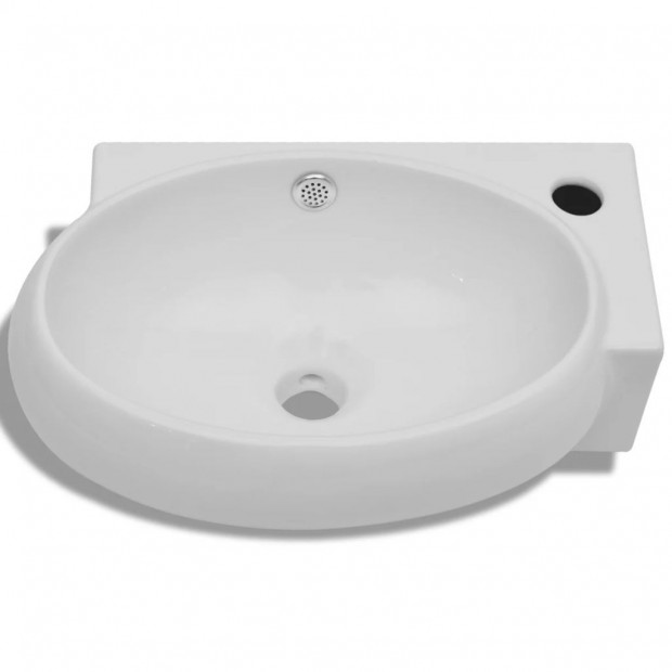 Ceramic Sink Basin Faucet & Overflow Hole Bathroom White Image 3