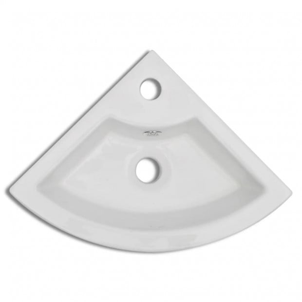 Ceramic Sink Basin Faucet & Overflow Hole Bathroom Corner White Image 4