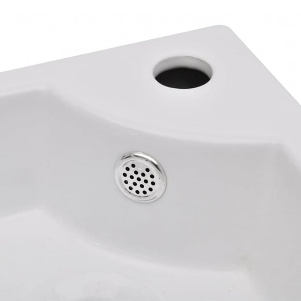 Ceramic Sink Basin Faucet & Overflow Hole Bathroom Corner White Image 5