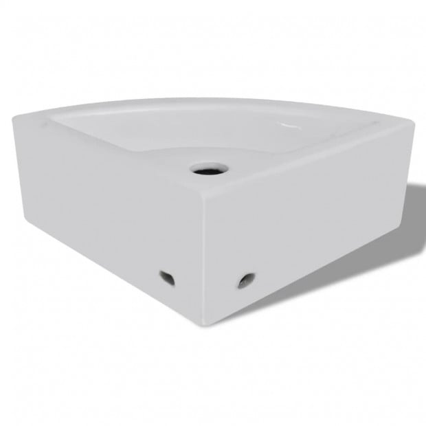 Ceramic Sink Basin Faucet & Overflow Hole Bathroom Corner White Image 6