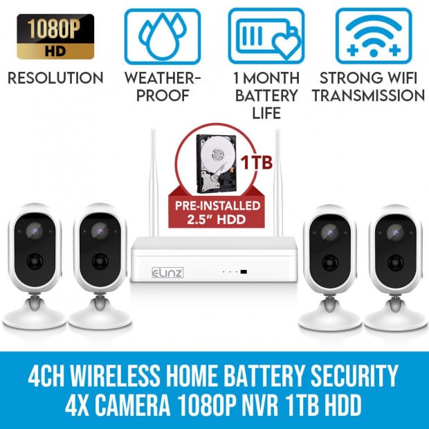 Elinz 4ch Wireless Wire-free Home Battery Security 1080p Hd Wifi