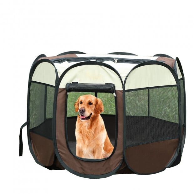 Portable Pet Playpen With Collapsible Bowl In Brown 42