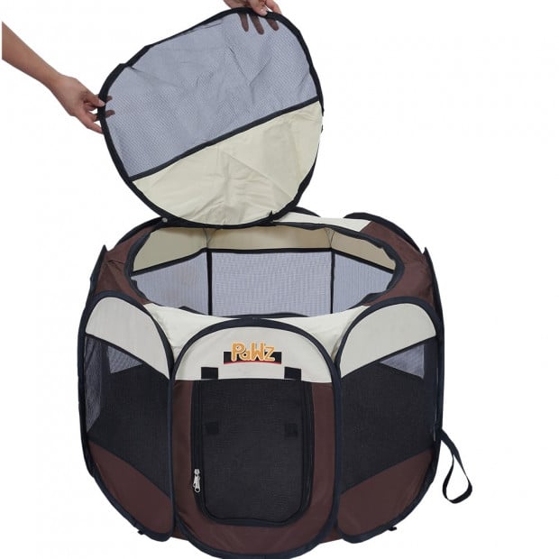 Portable Pet Playpen With Collapsible Bowl In Brown 62
