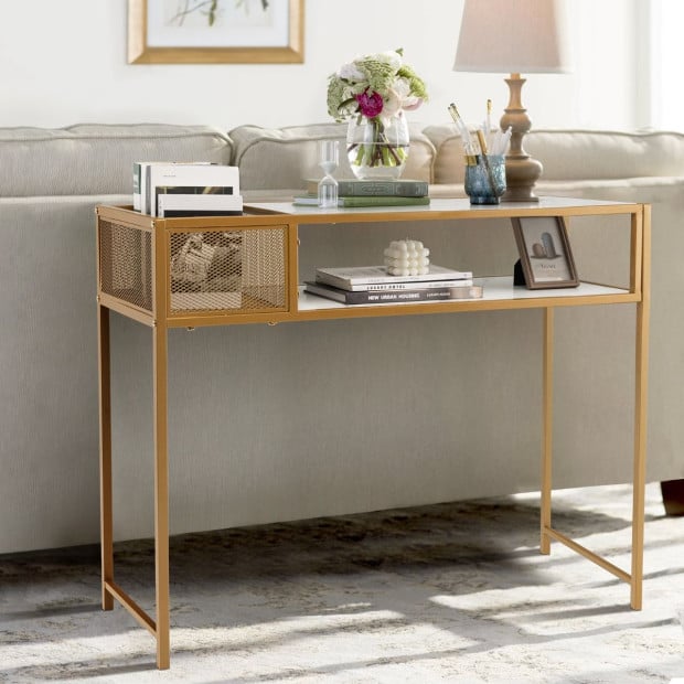 2-tier Faux Marble Sofa Console Hallway Table With Open Shelf Image 5