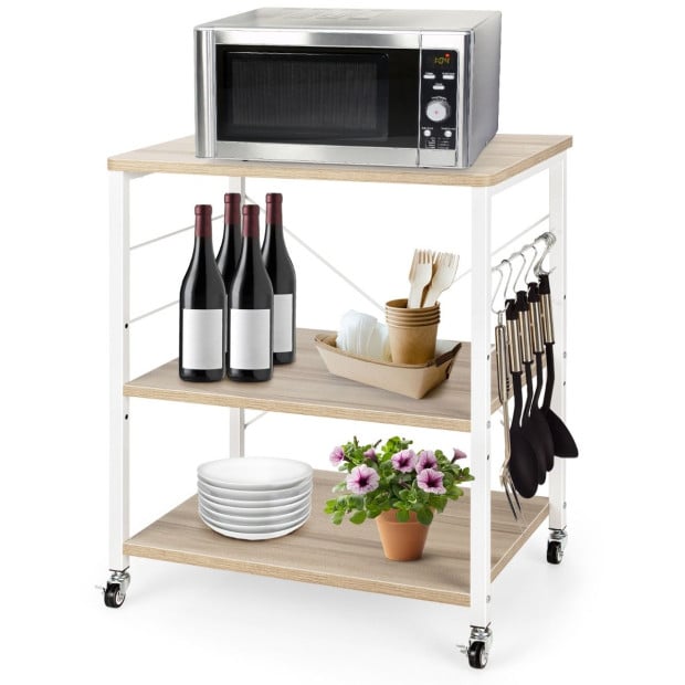 3-layer Microwave Stand Kitchen Cart With Hooks White Image 7