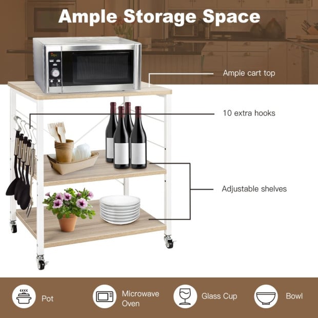 3-layer Microwave Stand Kitchen Cart With Hooks White Image 8