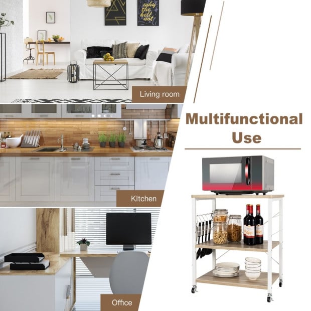 3-layer Microwave Stand Kitchen Cart With Hooks White Image 10