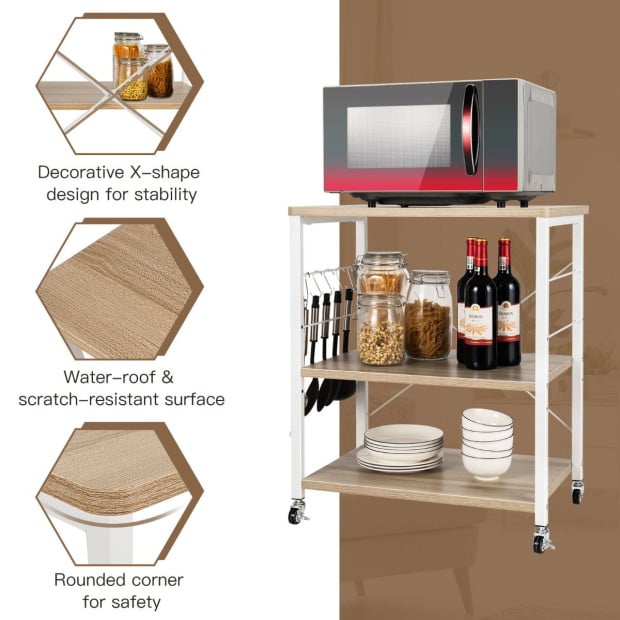 3-layer Microwave Stand Kitchen Cart With Hooks White Image 5