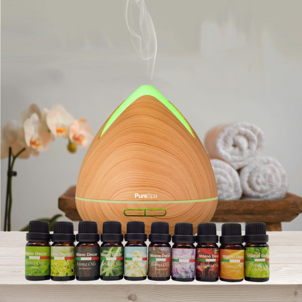 Diffuser Set With 10 Pack Diffuser Oils Humidifier Aromatherapy Light Wood