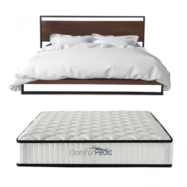 Wood Bed Frame With Mattress Package Deal Set - Double - White Brown Image 2
