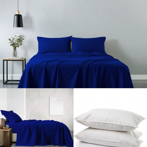 100% Cotton Sheet & 2 Duck Feather Down Pillows Set Double Royal Blue