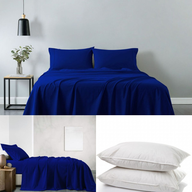 100% Cotton Sheet & 2 Duck Feather Down Pillow Set - Queen Royal Blue