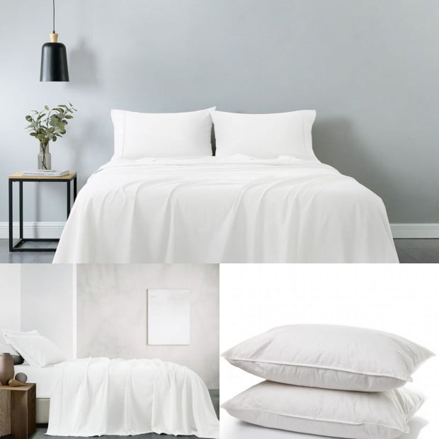 100% Cotton Sheet 2 Duck Feather Down Pillows Set - Queen - White