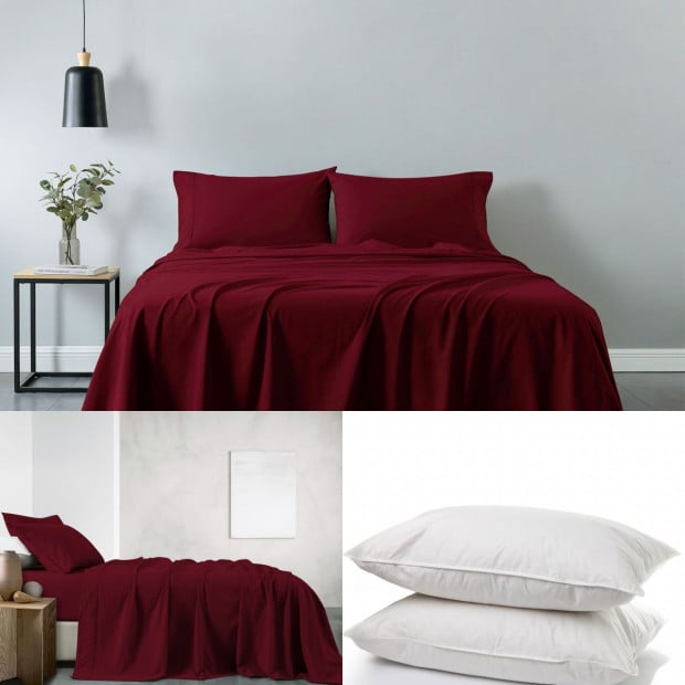 100% Cotton Sheet Set & Duck Feather Down Pillows Set - Queen - Wine