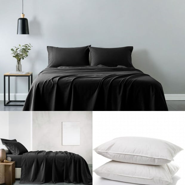 100% Cotton Sheet & 2 Duck Feather Down Pillows Set - King - Charcoal