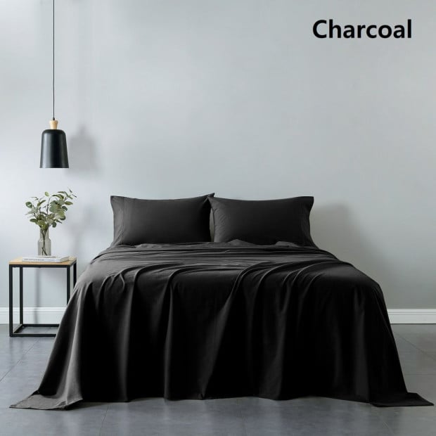 100% Cotton Sheet & 2 Duck Feather Down Pillows Set - King - Charcoal Image 2