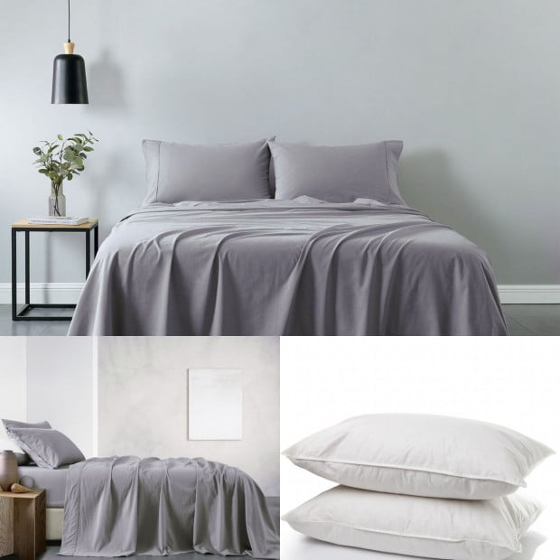 100% Cotton Sheet & 2 Duck Feather Down Pillows Set - King - Grey