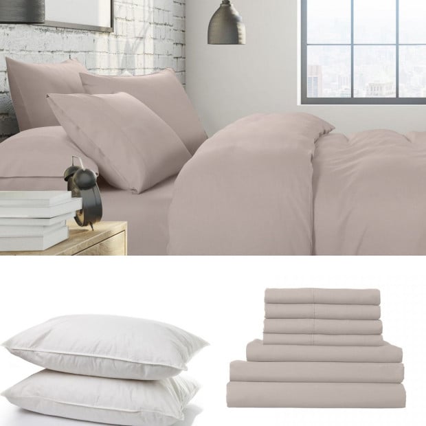1500 Thread Count 6 Piece Duck Feather Down Pillows Bedding Set Queen Stone