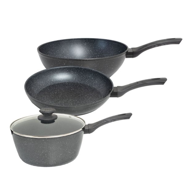 3 Piece Set Frypan 28cm Saucepan 20cm Wok 28cm Grey Handle