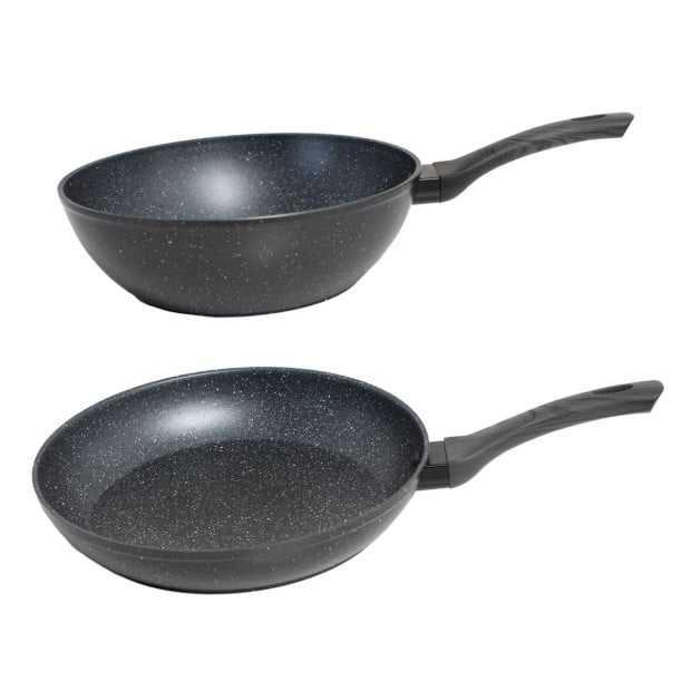 2 Piece Set 1 x Frypan 28cm 1 x Wok Pan 28cm Kitchen Grey Handle