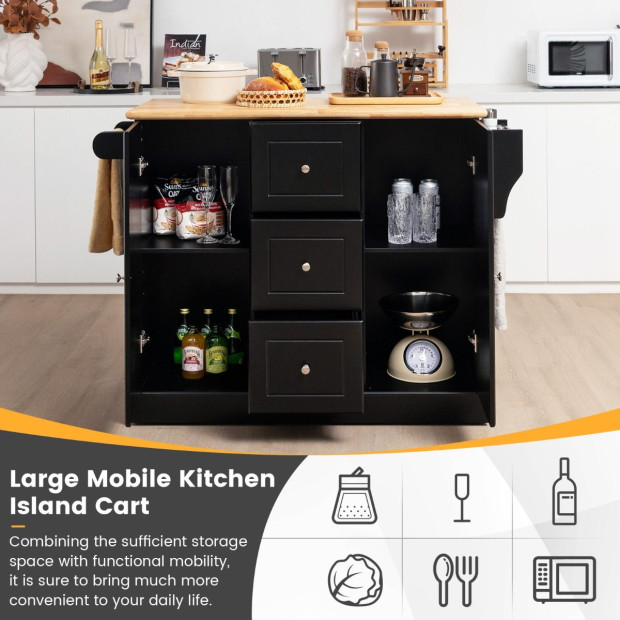Mobile Kitchen Island Cart With 3 Drawers & 2 Enclosed Cabinets Black
