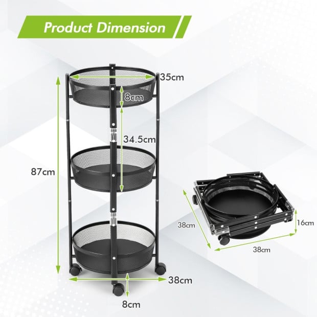 3-tier Folding Kitchen Trolley Cart With Baskets - Black Image 4