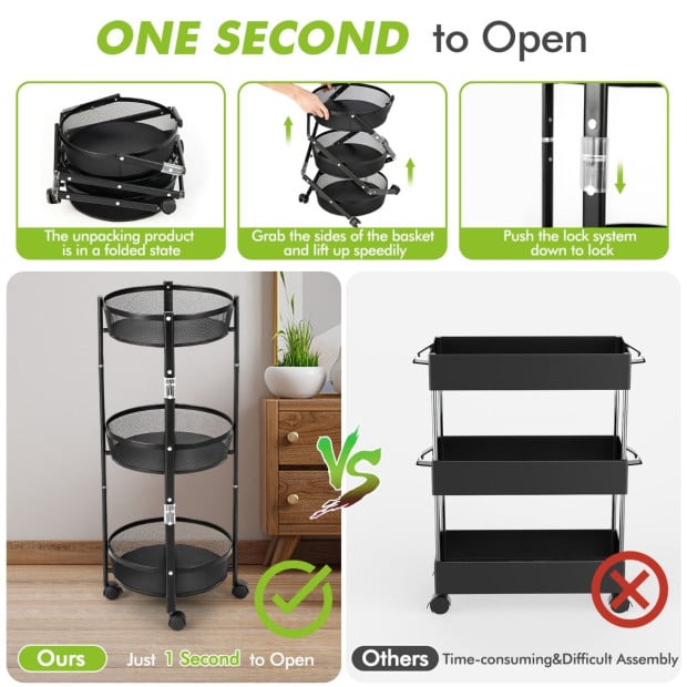 3-tier Folding Kitchen Trolley Cart With Baskets - Black Image 8