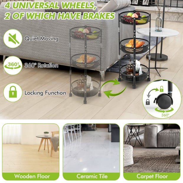 3-tier Folding Kitchen Trolley Cart With Baskets - Black Image 3