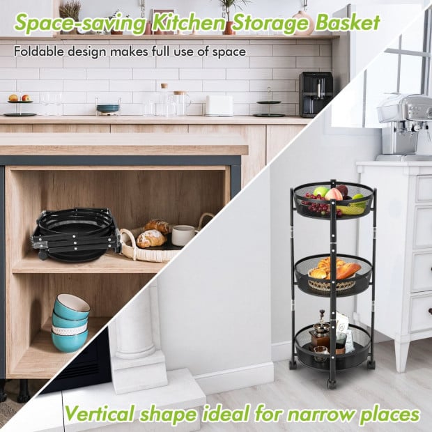 3-tier Folding Kitchen Trolley Cart With Baskets - Black Image 10