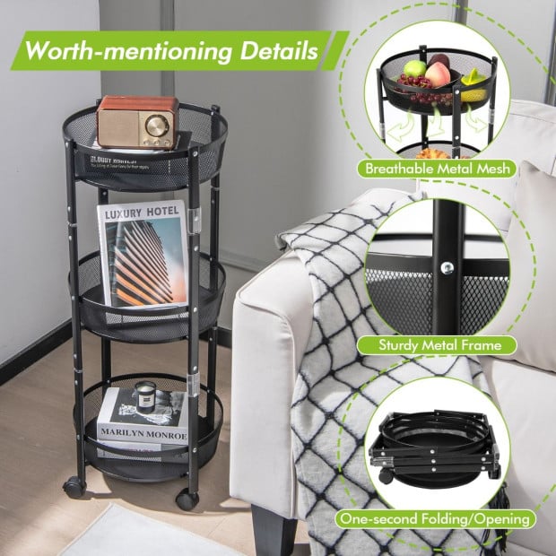 3-tier Folding Kitchen Trolley Cart With Baskets - Black Image 5