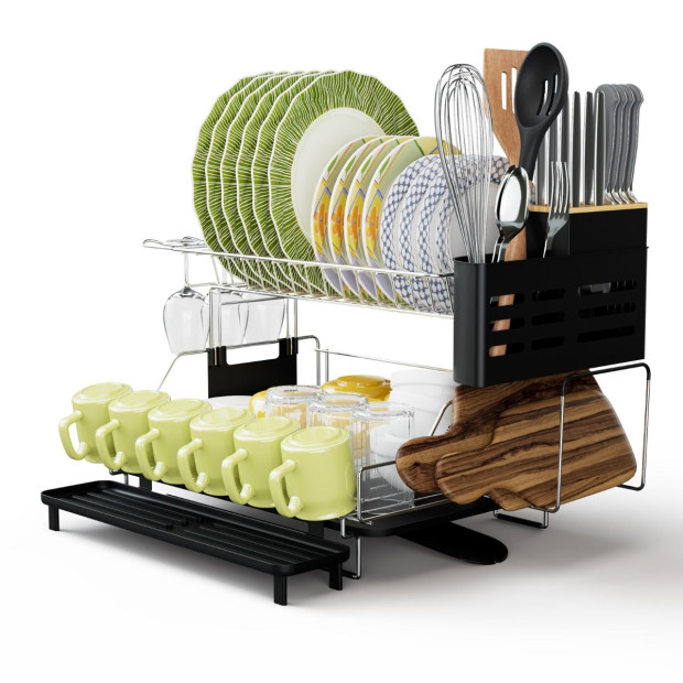 2-tier Detachable Dish Drying Rack w/ Cutlery Holder
