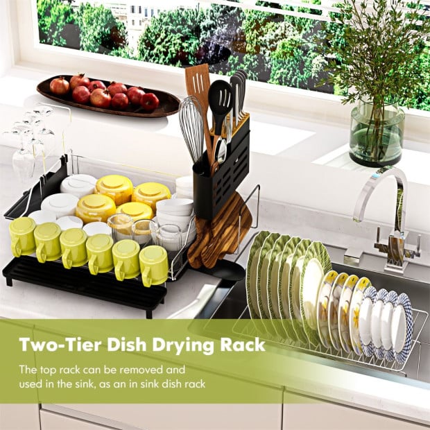 2-tier Detachable Dish Drying Rack w/ Cutlery Holder Image 3