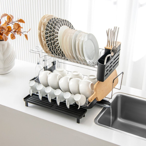 2-tier Detachable Dish Drying Rack w/ Cutlery Holder Image 2