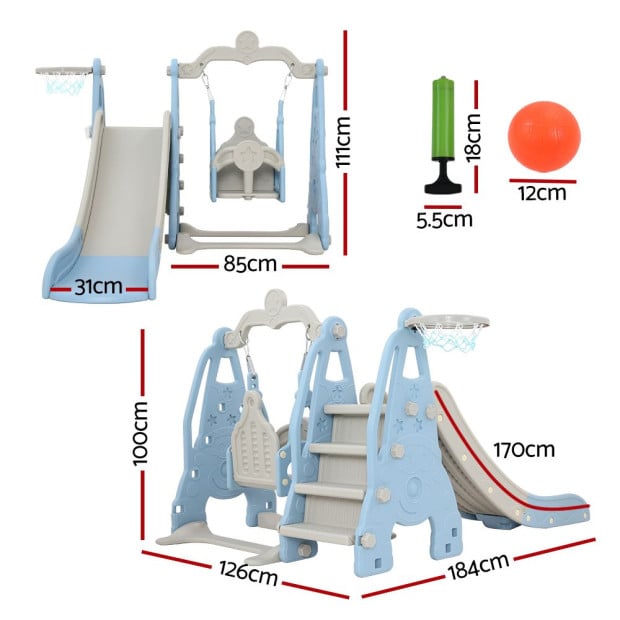 Kids Slide 170cm Swing Basketball Hoop Toddlers Playset Blue Image 2