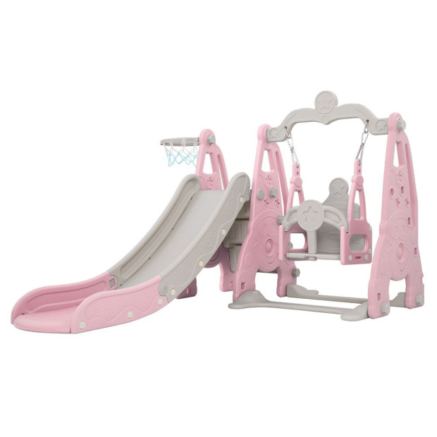 Kids Slide 170cm Swing Basketball Hoop Toddlers Playset Pink
