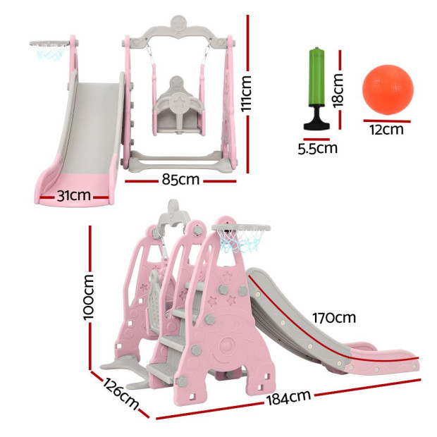 Kids Slide 170cm Swing Basketball Hoop Toddlers Playset Pink Image 2