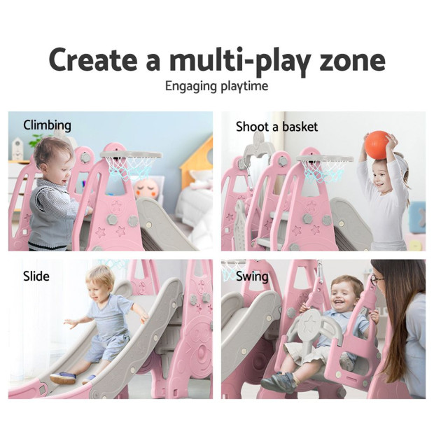 Kids Slide 170cm Swing Basketball Hoop Toddlers Playset Pink Image 5